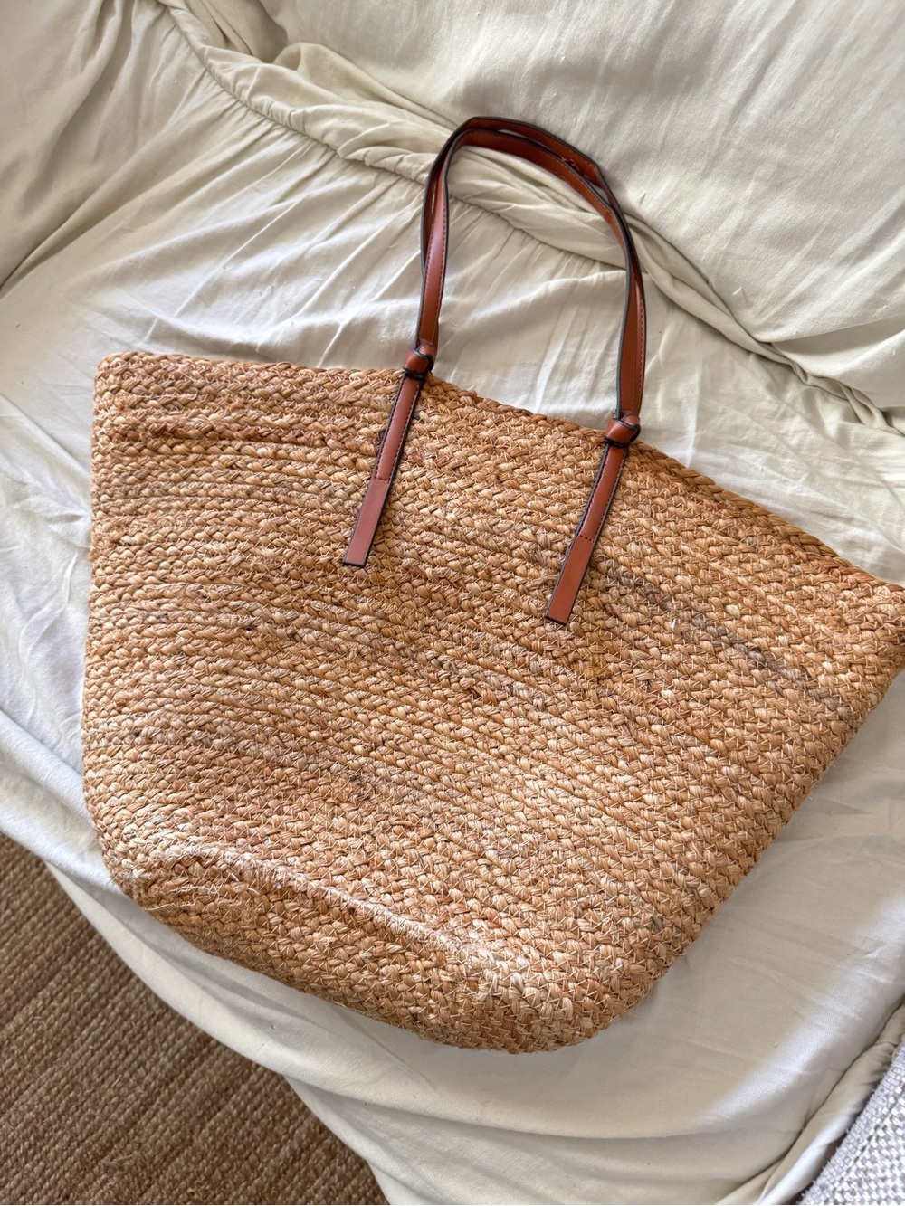 Mango large Natural Straw Tote with Brown Leather Handles